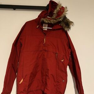 Fjallraven Red Hooded Anorak Jacket with Faux Fur Trim